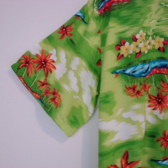 Hawaiian Shirt Floral Palm Trees Button Down Bright Colours Green Orange Size XL - Picture 7 of 12